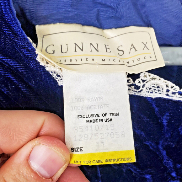 Gunne Sax Dress Velvet Vintage 80s Holiday Lace Trim Blue Draped Collar Girls 11 - Picture 9 of 11